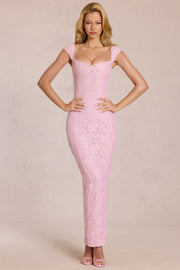 Oh Polly 15919 robe longue dentelle rose moulante