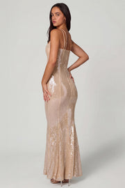Oh Polly Sima robe longue pêche dentelle sequins