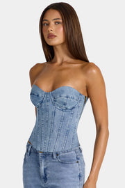 Oh Polly Tops 16521 top corset jean bleu denim stretch