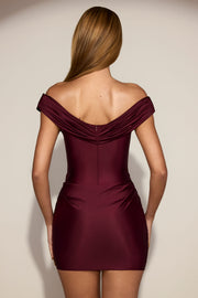 Oh Polly Maeve robe mini satin bordeaux épaules dénudées