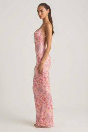 Oh Polly Tavira maxi robe rose sequins corail dos nu