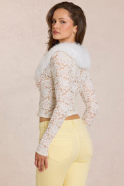 Oh Polly Solaya Cardigan dentelle Ivory col fourrure
