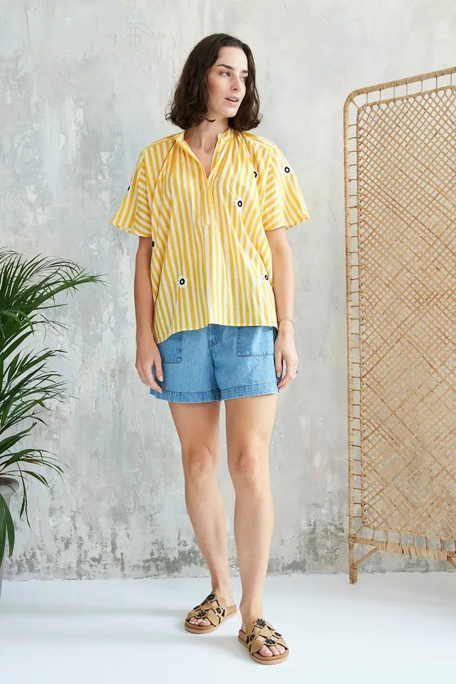 Chicosoleil Leela top jaune Yellow Stripe broderie coton