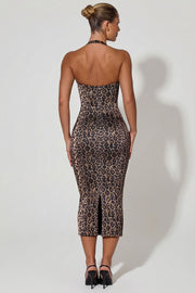 Oh Polly Ismay 12766 robe midi léopard satin moulante