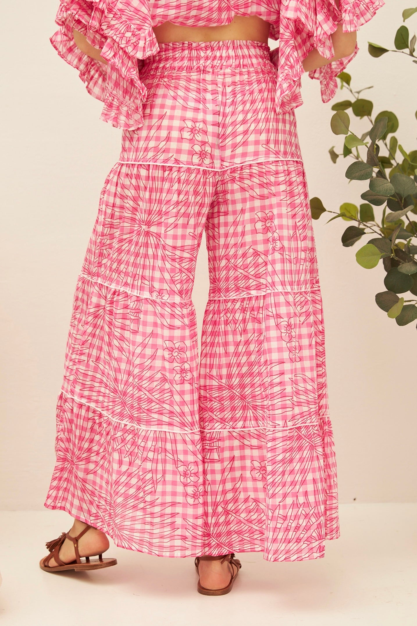 Chicosoleil Barclay pantalon large vichy bohème rose coton