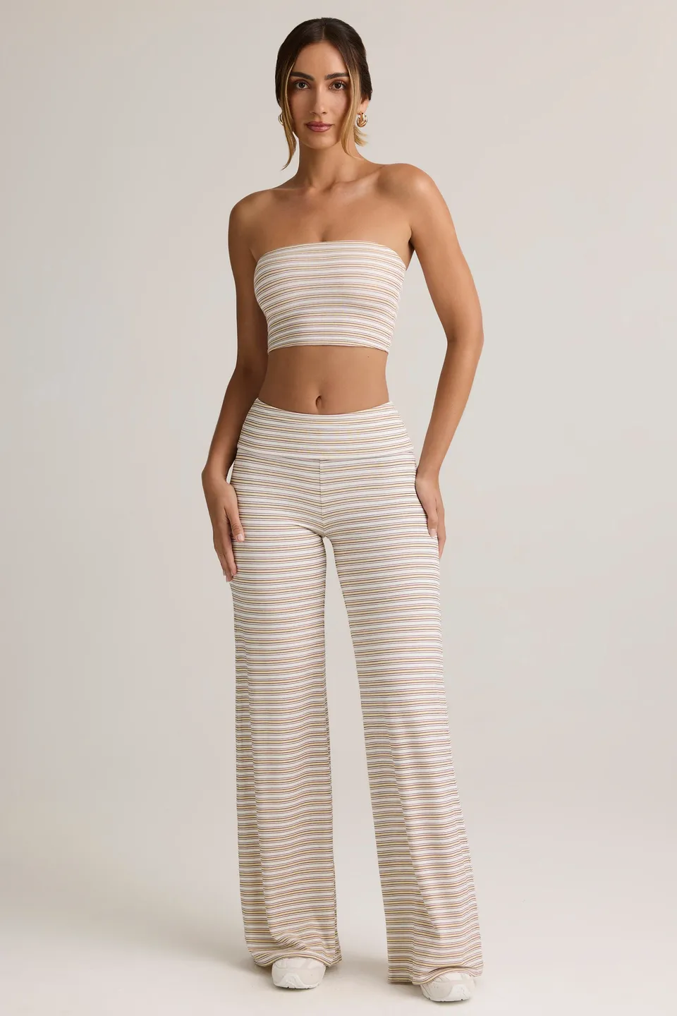 Oh Polly Melida 14152 pantalon large rose jaune rayé modal