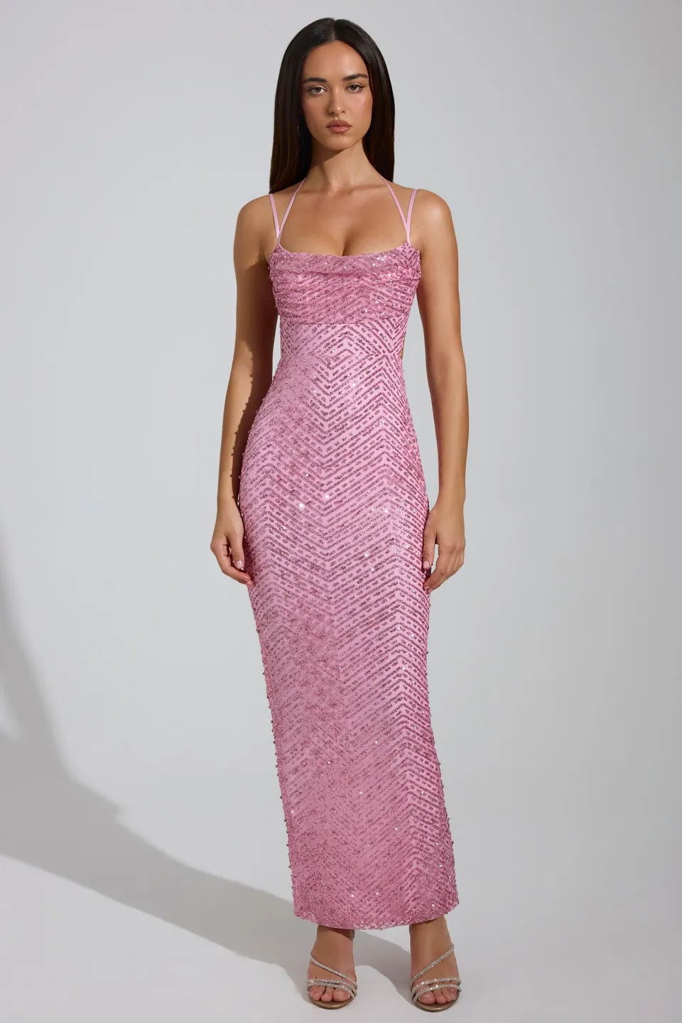 Oh Polly Embellished Constance 7589A maxi robe rose sequins