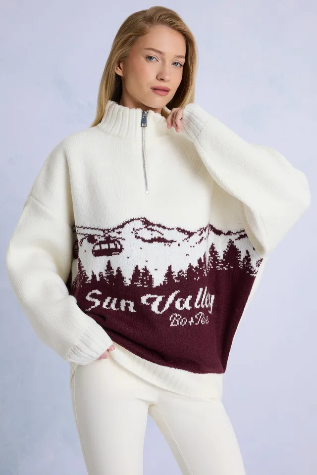 Oh Polly BT1850B pull bordeaux col roulé zip jacquard alpin