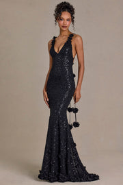 Oh Polly Embellished Plunge Gown robe noire sequins fleurs