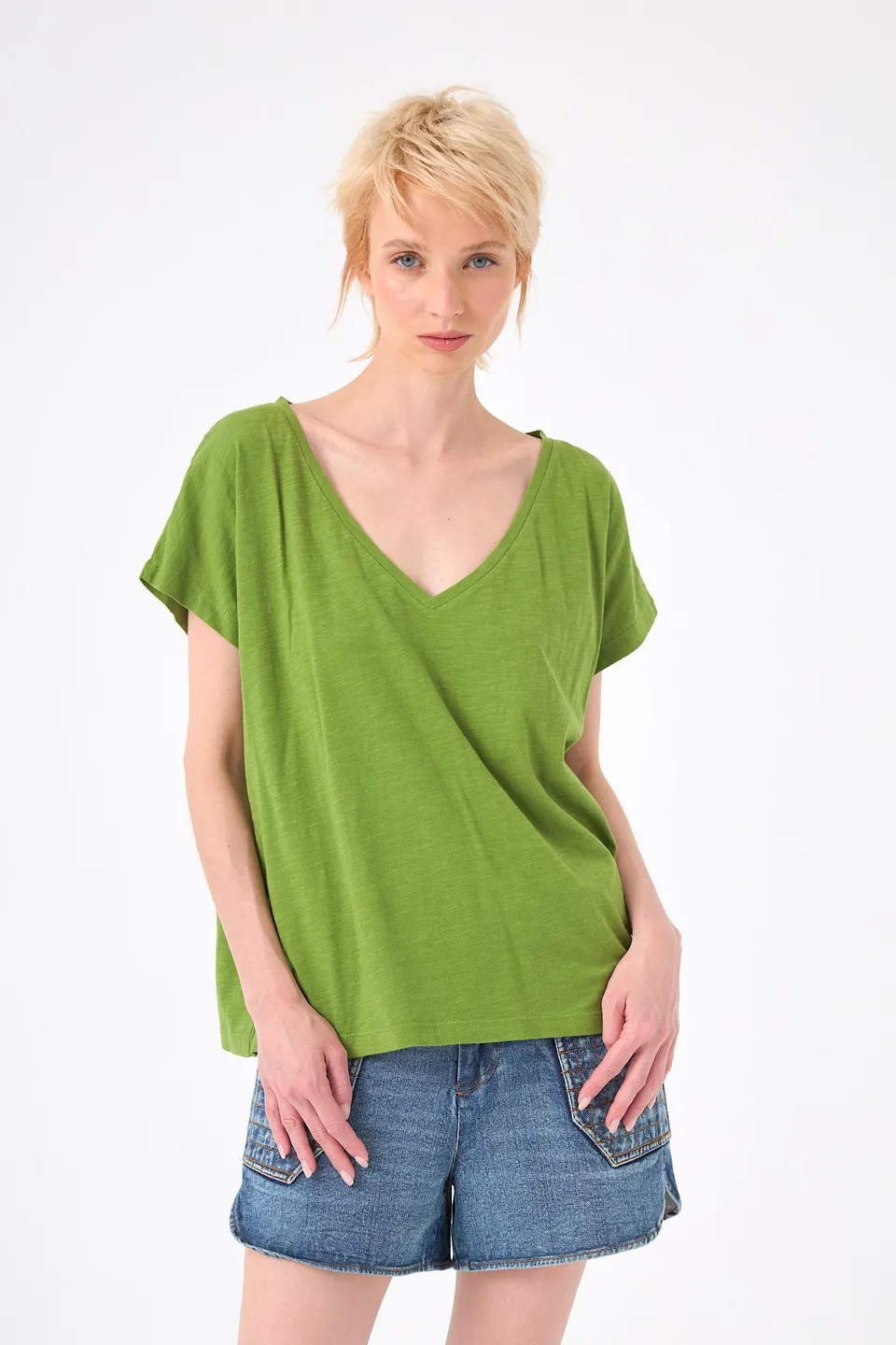 Chicosoleil Roxy tee-shirt vert péridot col V coton