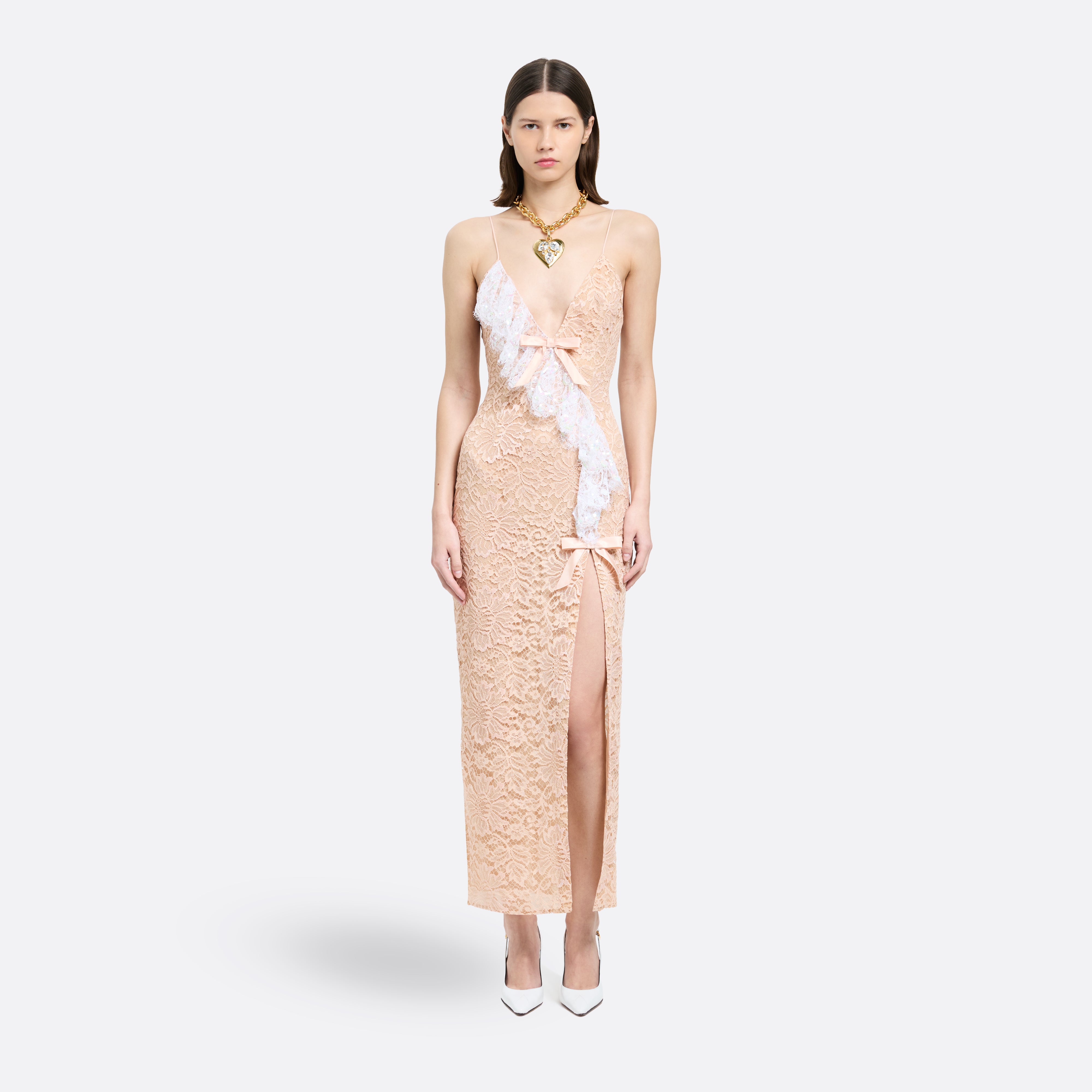 Alessandra Rich Lace Slip robe nude dentelle sequins
