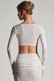 Oh Polly Lumina crop top blanc strass manches longues