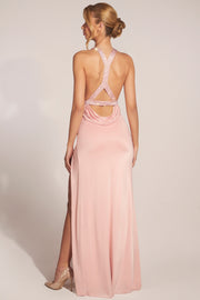 Oh Polly Robe Longue Rose Fendue Col Bénitier Strass