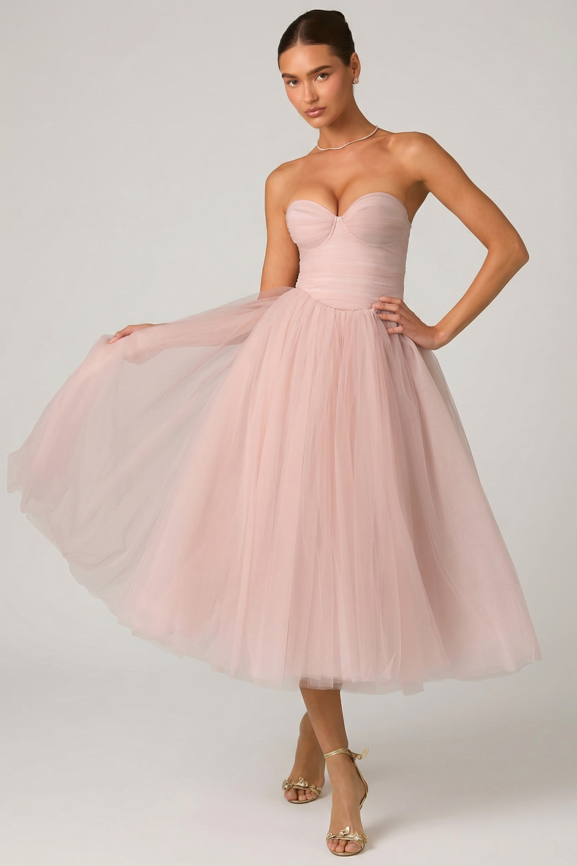 Oh Polly Cindy robe tulle corset rose poudré midaxi