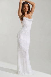 Oh Polly Nivalis robe maxi blanche dos nu à perles