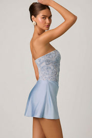 Oh Polly Embellished Eden 13254 robe mini bleu ciel