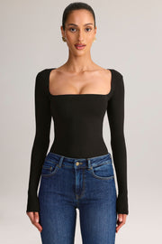 Oh Polly Kaia top col carré noir manches longues