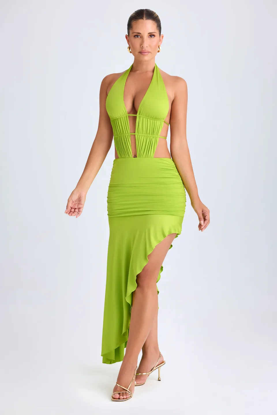 Oh Polly Manami robe verte citron découpes asymétrique