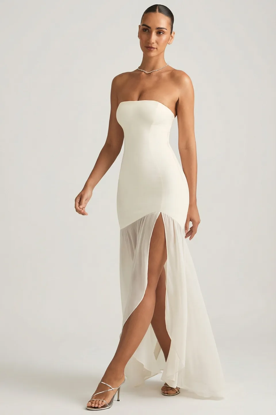 Oh Polly Melina Robe Bustier Sirène Ivoire Fente Maxi