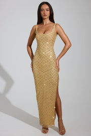 Oh Polly Yarina robe maxi dorée strass roses fente cuisse
