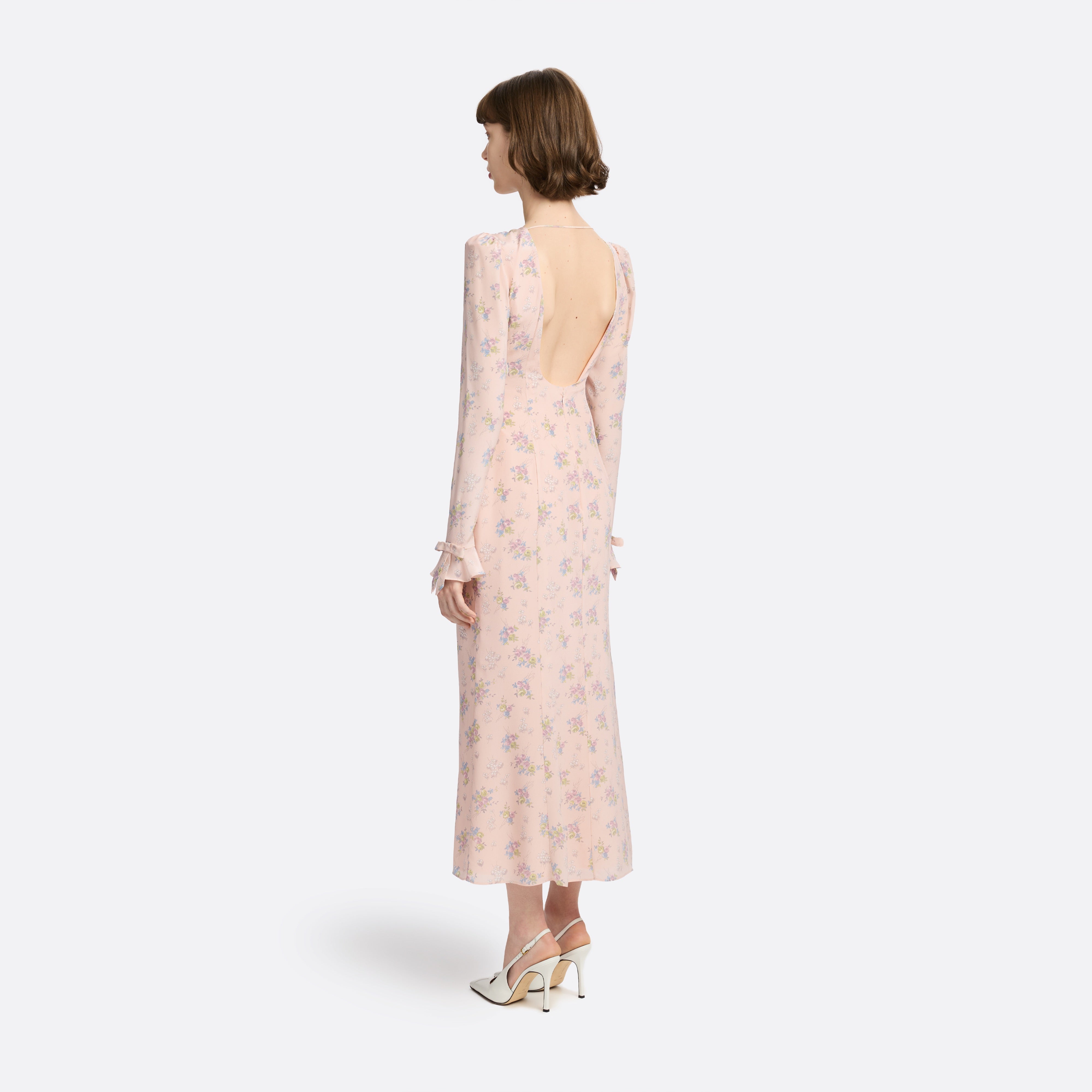 Alessandra Rich Silk Open Back robe midi rose clair soie