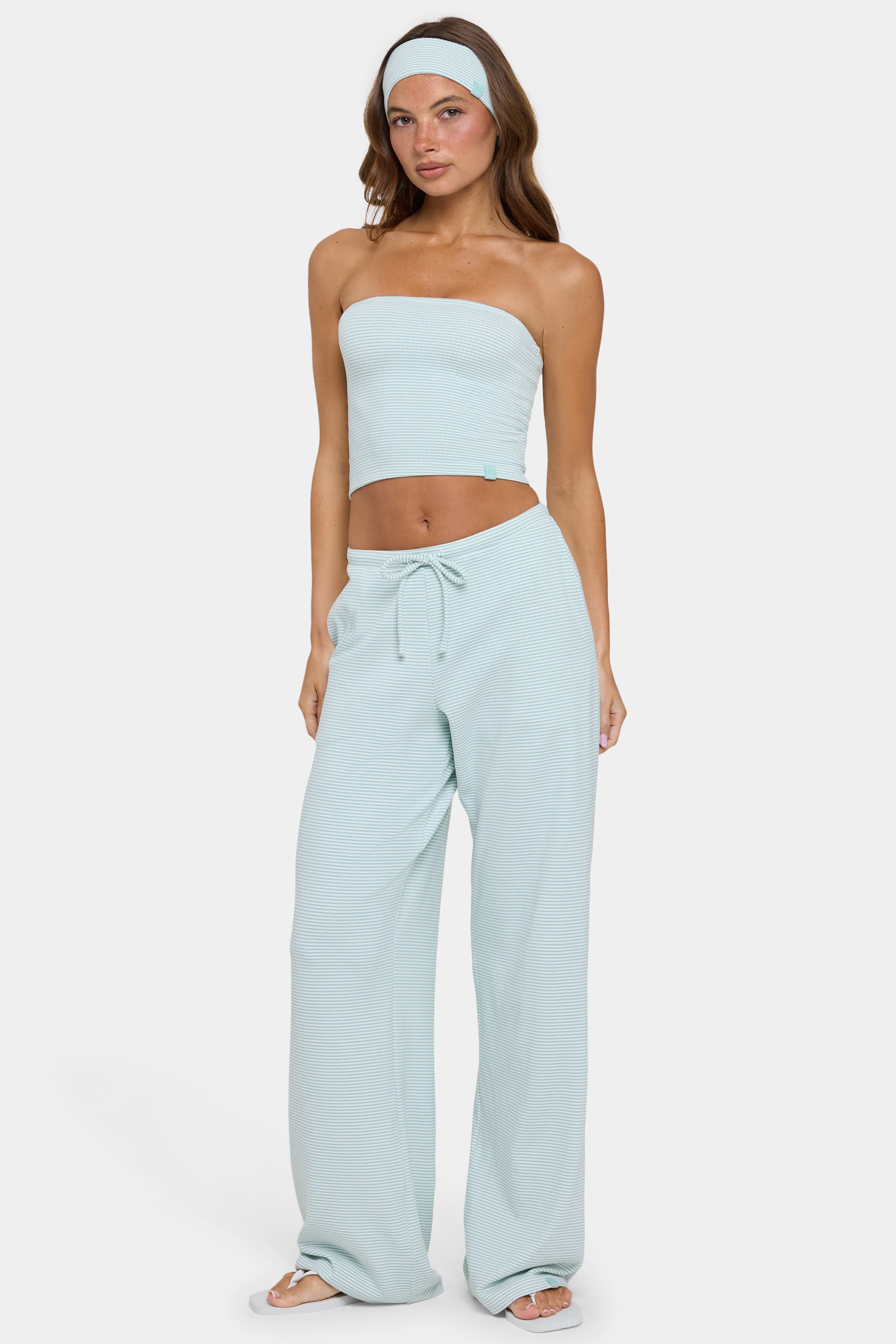 Oh Polly Ribbed Jersey Low-Rise Pantalon Menthe Rayé Taille Basse