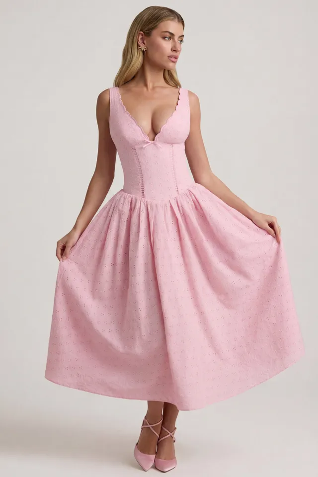 Oh Polly Saidey Broderie Robe mi-longue rose pâle coton