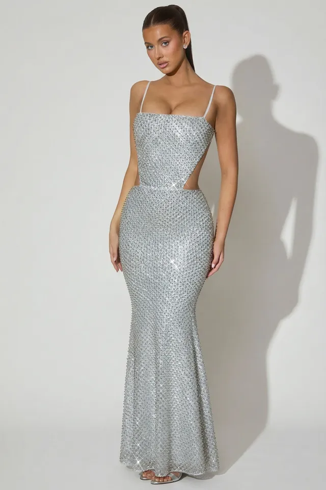 Oh Polly Embellished 12956 robe longue sirène argent Silver