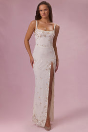 Oh Polly Embellished Primara Corset Maxi Robe Pearl