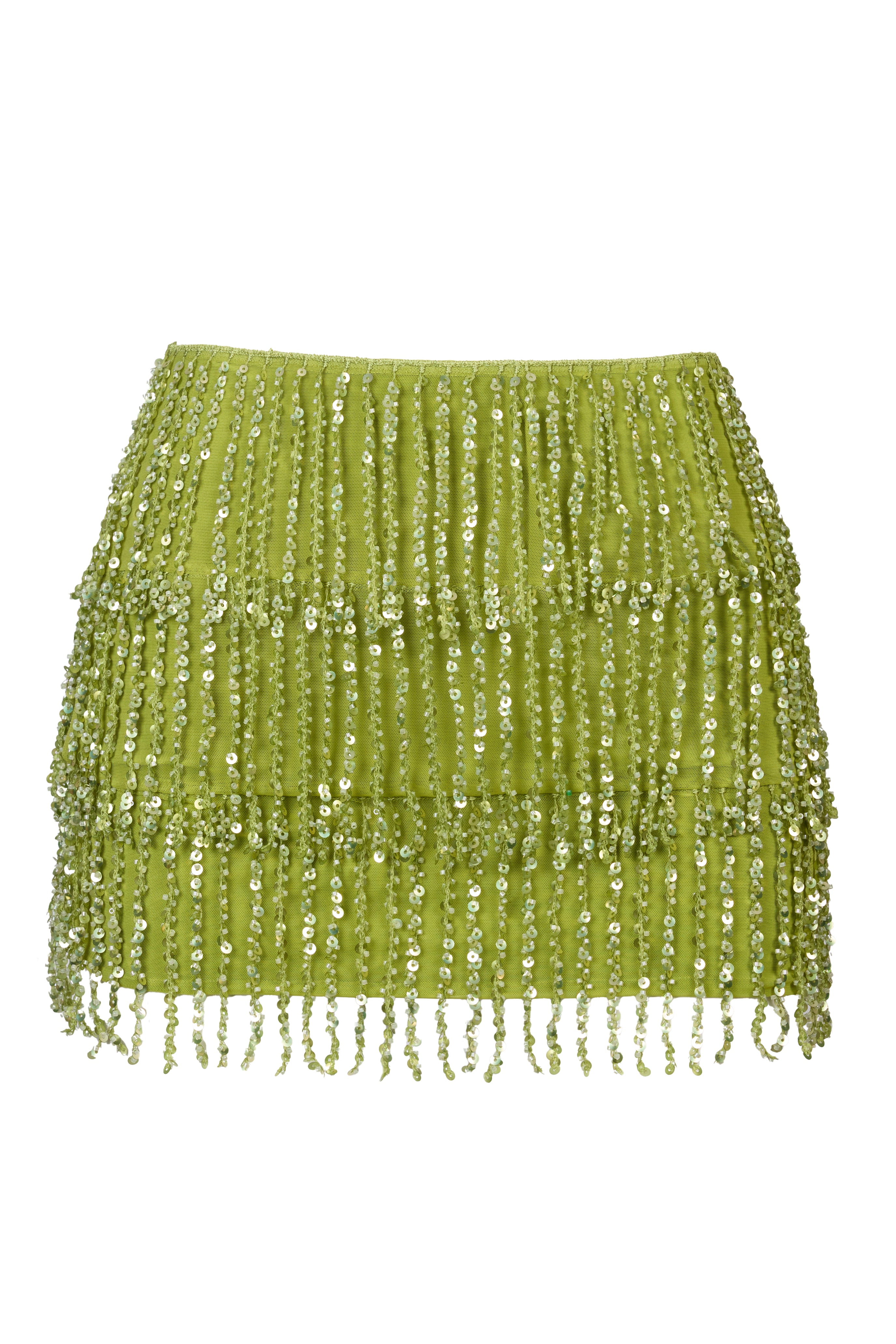 Oh Polly Nessa mini jupe franges Olive sequins taille basse