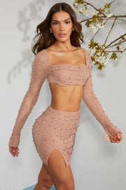 Oh Polly Belle Ile mini jupe beige taille haute fente perles