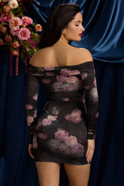 Oh Polly Aarti 11692 mini robe bodycon noire à fleurs ruchée