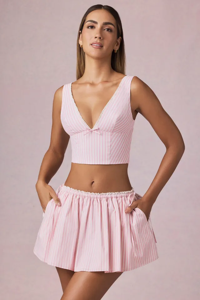 Oh Polly Maira Mini Jupe Mauve Rayée Coton Cordon