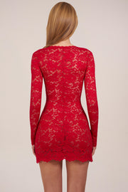 Oh Polly Darla robe mini dentelle rouge rose manches longues