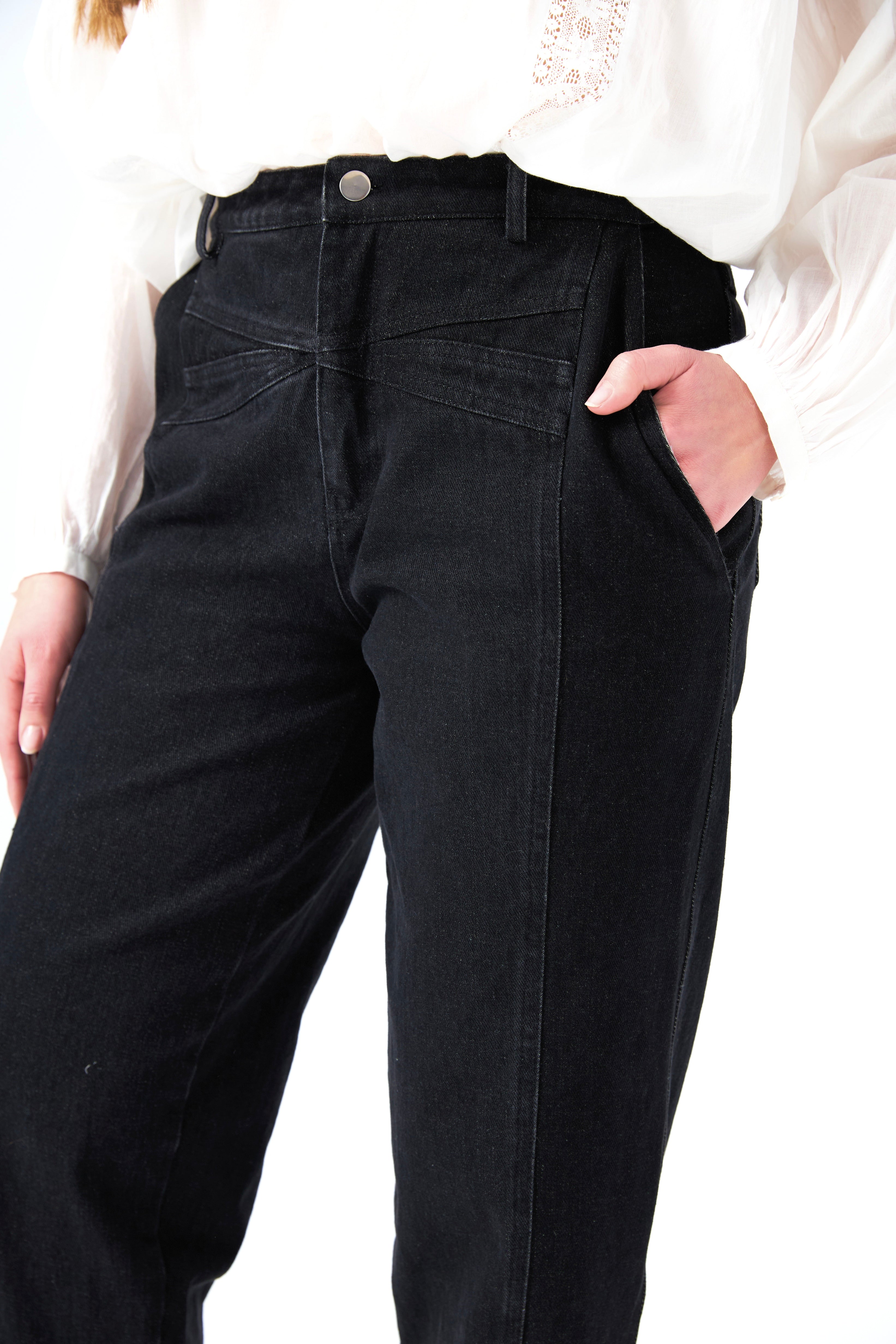 Chicosoleil Rio jean carotte noir taille haute coton