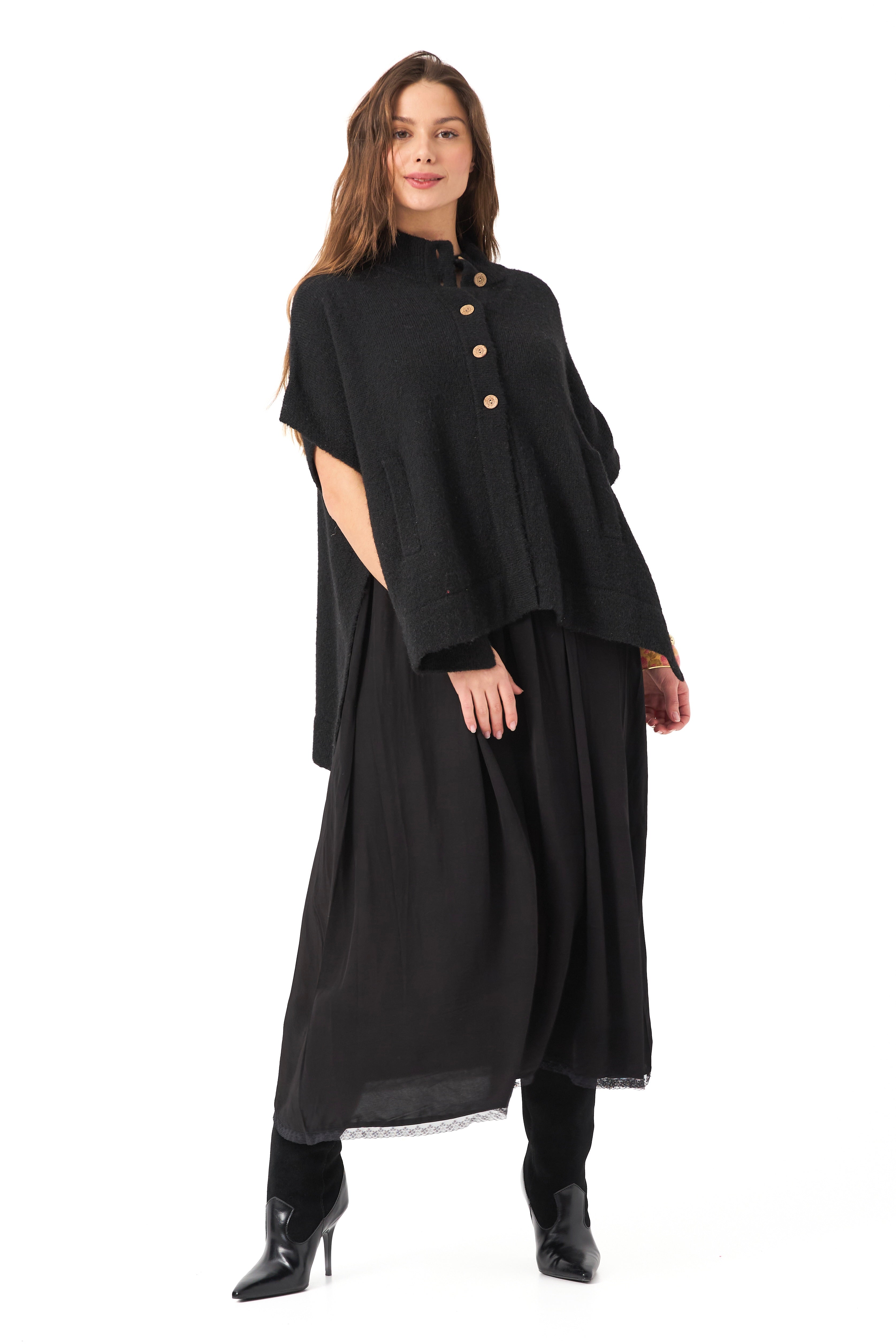 Chicosoleil Achill poncho cardigan maille noire laine S/M-M/L
