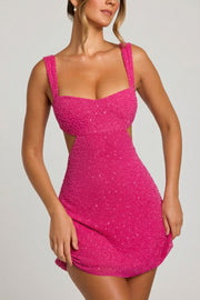Oh Polly Emilion 7424 mini robe fuchsia perlée dos nu