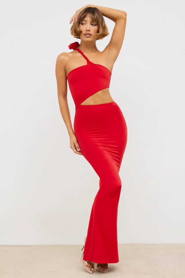 Oh Polly Kalina Robe Maxi Asymétrique Rouge Scarlet Jersey