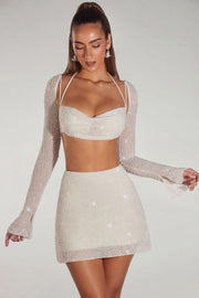 Oh Polly Lucerne Crop Top Ivoire Perles Manches Longues