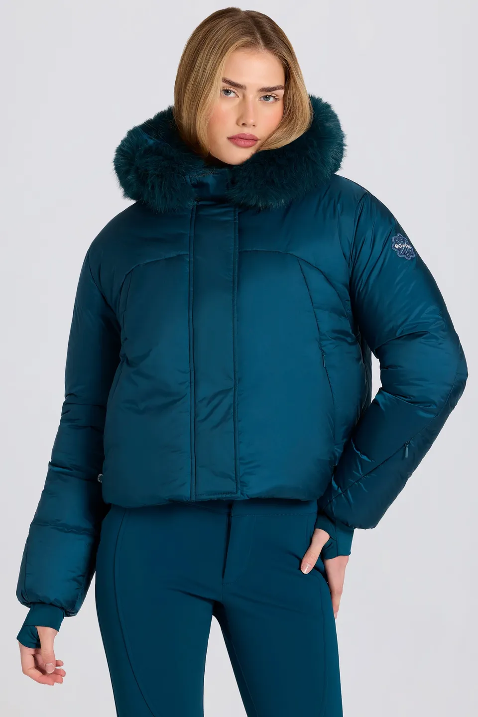 Oh Polly BT2391 veste ski cropped teal fourrure imperméable 18k