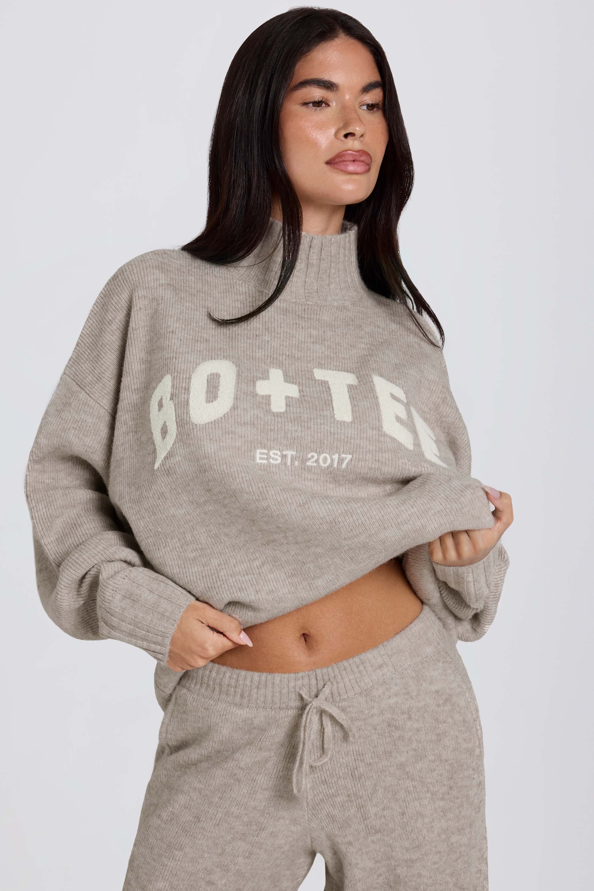 Oh Polly Knitwear Pull Soft Knit Oversized Oatmeal col roulé