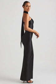 Oh Polly Sheril 13767 robe longue satin noir asymétrique