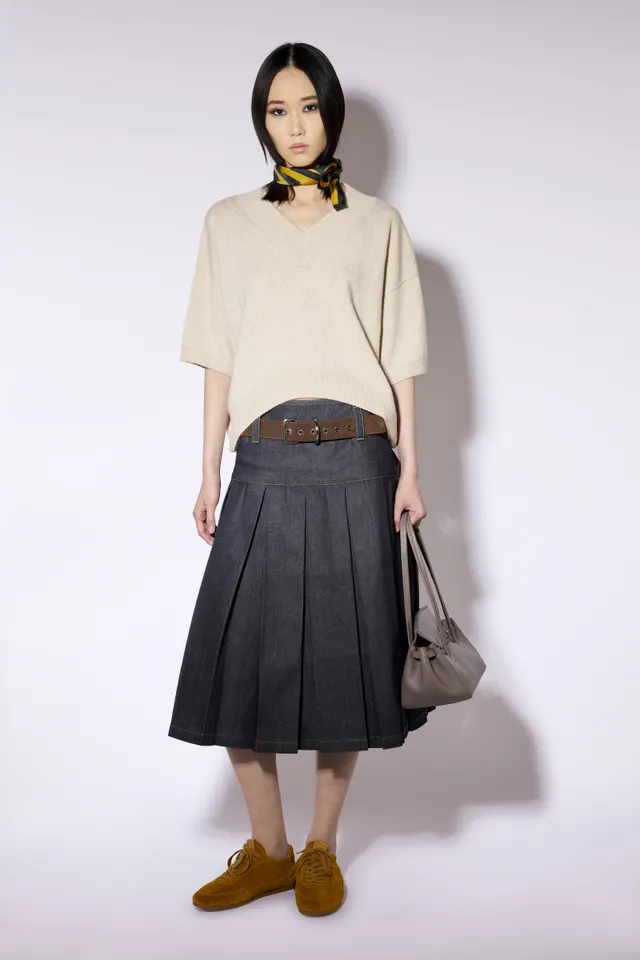 Liviana Conti Wendy Jupe Denim Brut Midi Plissée Taille Haute