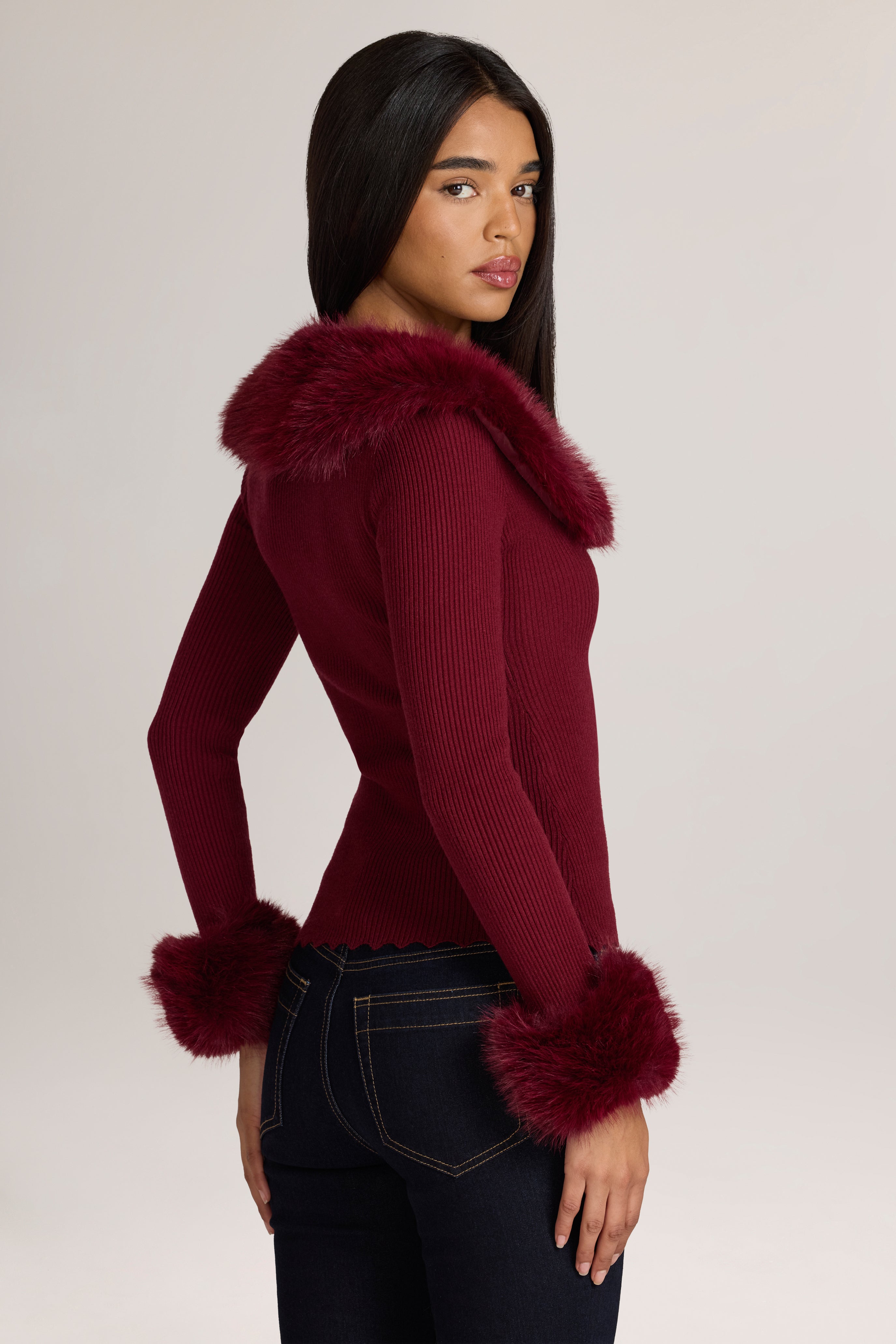 Oh Polly Lissie Cardigan Maille Bordeaux Col Fourrure