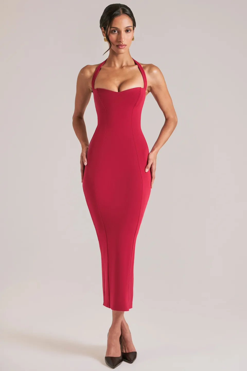 Oh Polly 15985 robe midaxi halter bustier rouge Cherry Red