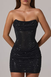 Oh Polly Embellished 15515 mini robe noire bustier strass