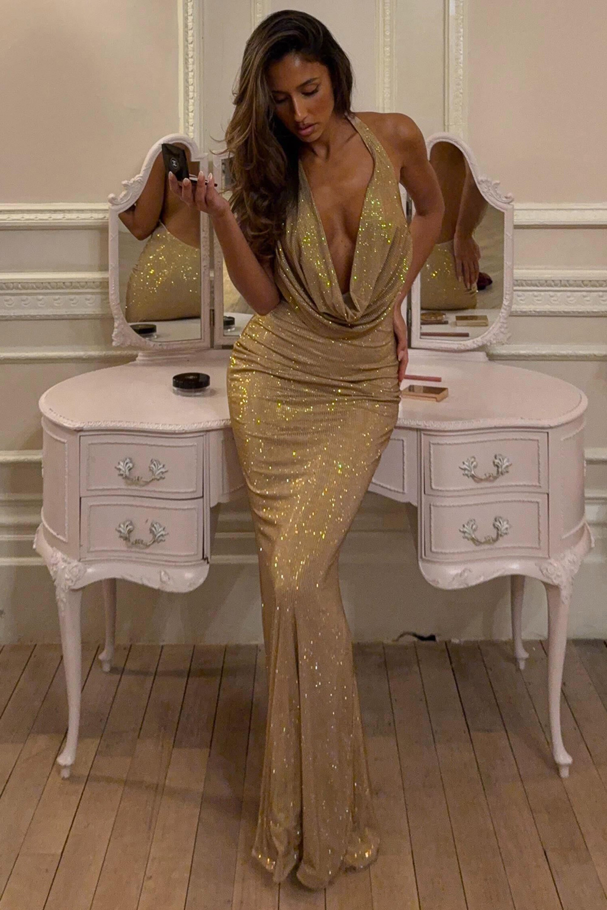 Oh Polly 15493 Robe Longue Femme Dorée Strass Dos Nu
