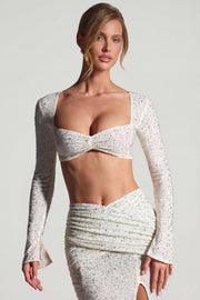 Oh Polly Lumina crop top blanc strass manches longues