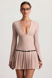 Oh Polly Fiorella robe mini plissée mushroom manches longues