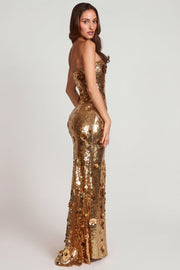Oh Polly Nottola robe maxi bustier dorée sequins 3D